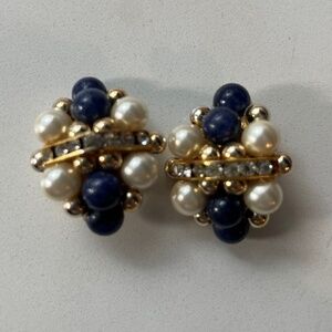 Vintage Faux Pearl Lapis and Rhinestone Cluster Clip Earrings